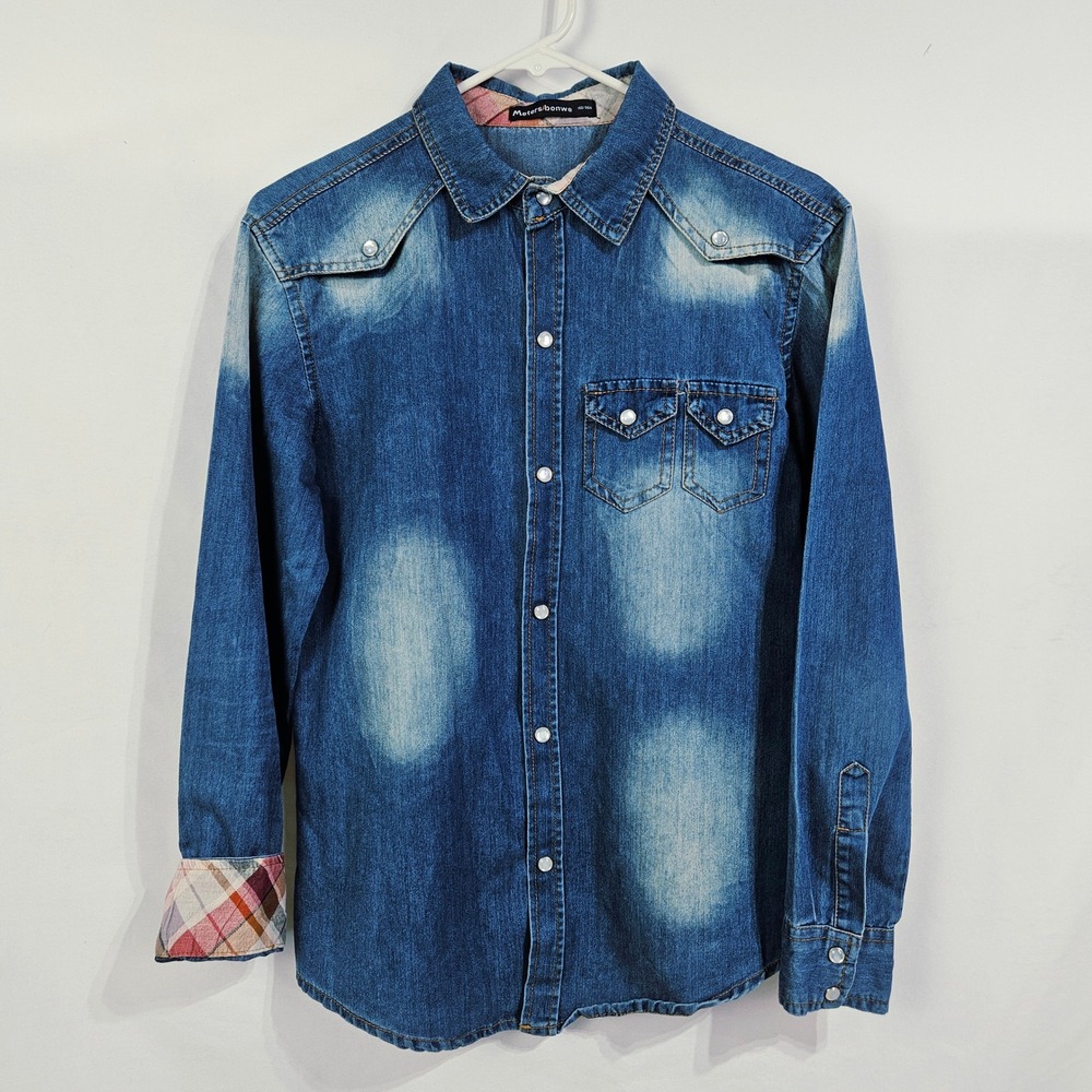 Meters/bonwe Blue Western Pearl Snap Denim Shirt L Cowgirl Indie Boho Western
